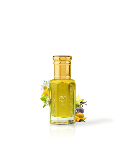 arabian mango Perfume oil bottle surrounded by fragrance notes like mango and flowers shows against white background