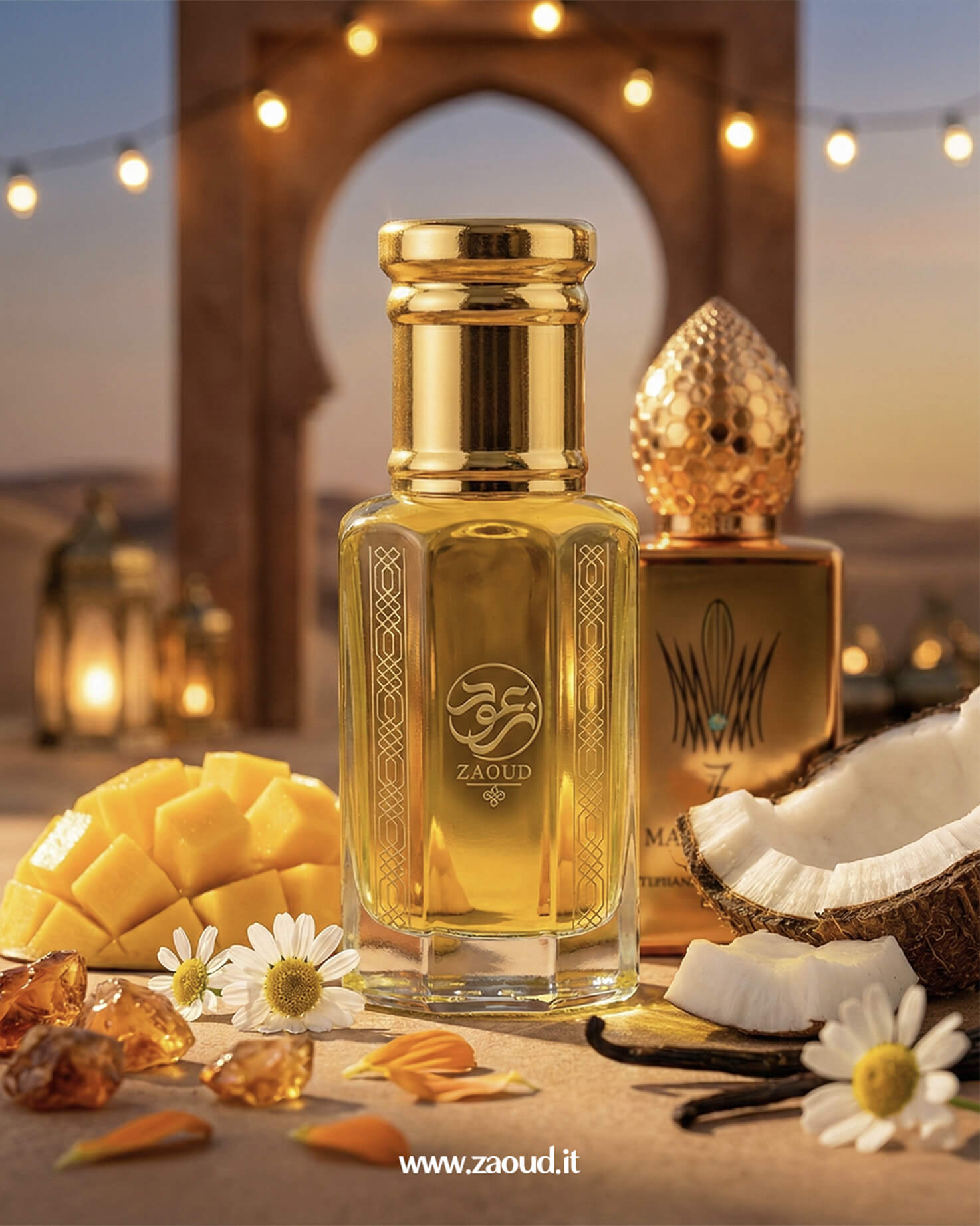 Gold perfume bottle with 'Zaoud' branding on a desert-themed background with coconuts, mangoes, and flowers.