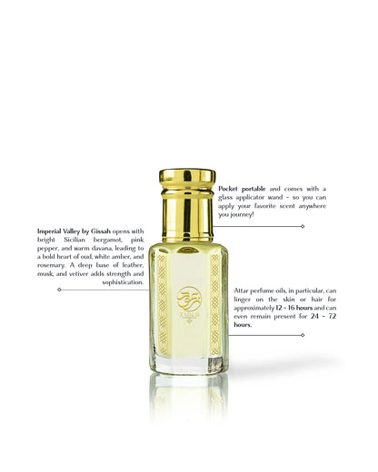 arabian wadi perfume oil bottle beside written fragrance informatios against white background