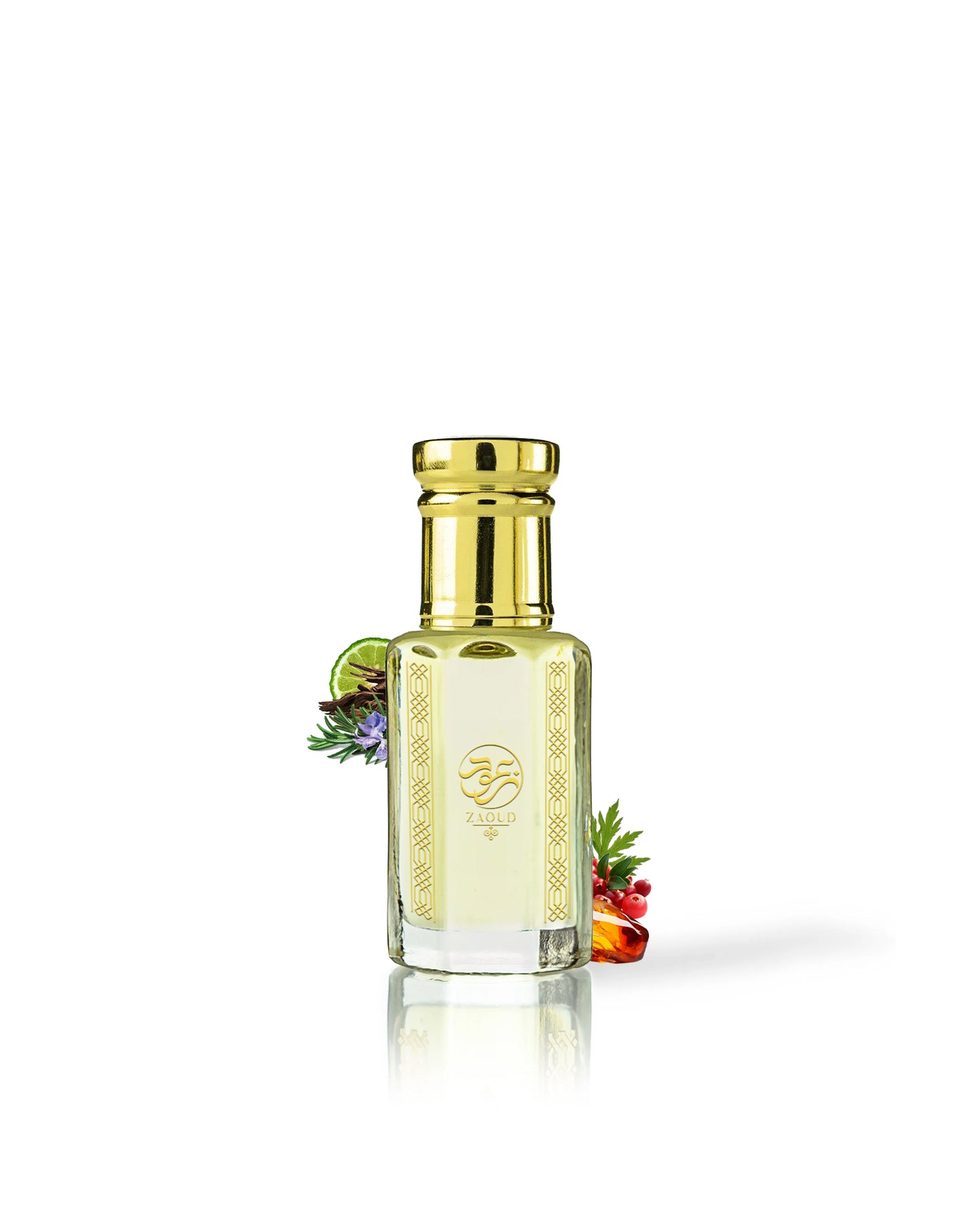 arabian wadi perfume oil bottle surrounded with fragrance notes like rosemary and amber shows from behind the bottle against white background