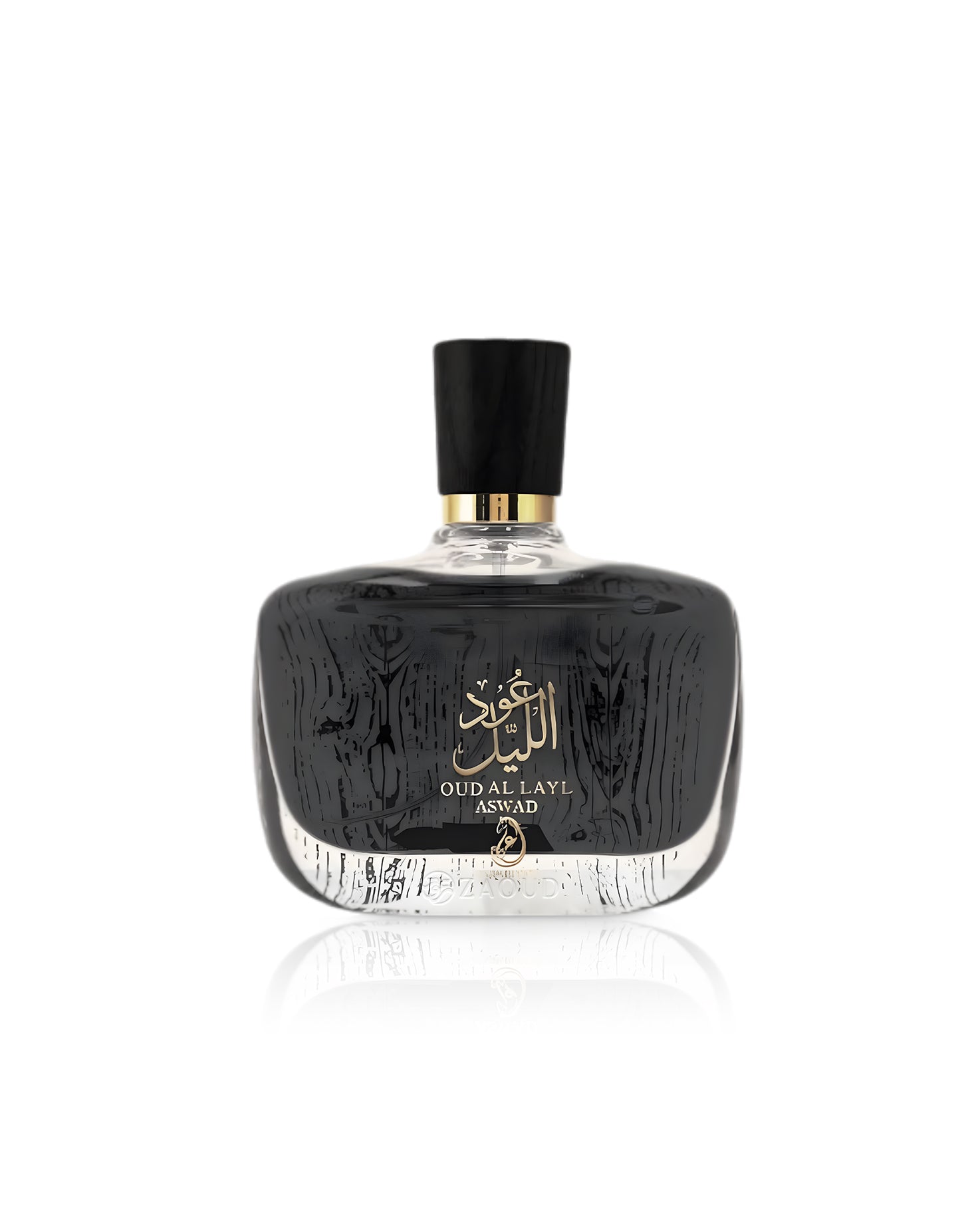 arabiyat oud al layl aswad Perfume bottle with black cap and detailed label on a white background