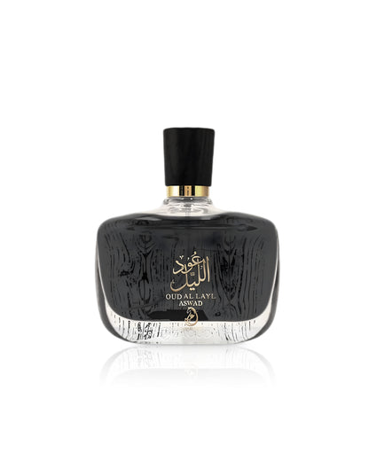 arabiyat oud al layl aswad Perfume bottle with black cap and detailed label on a white background