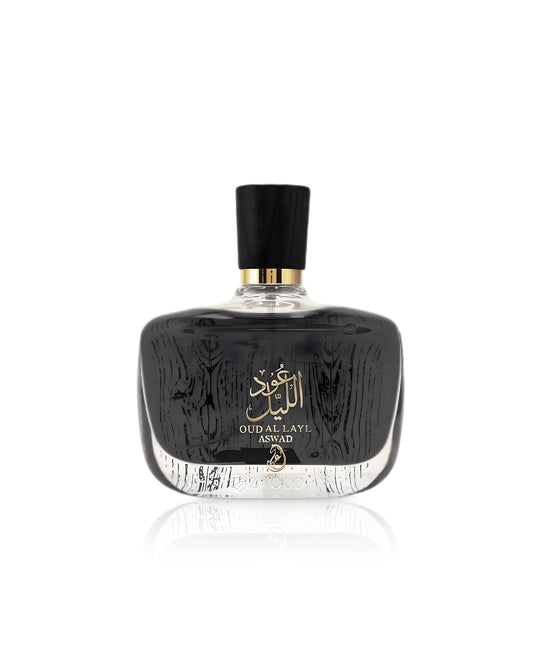 arabiyat oud al layl aswad Perfume bottle with black cap and detailed label on a white background