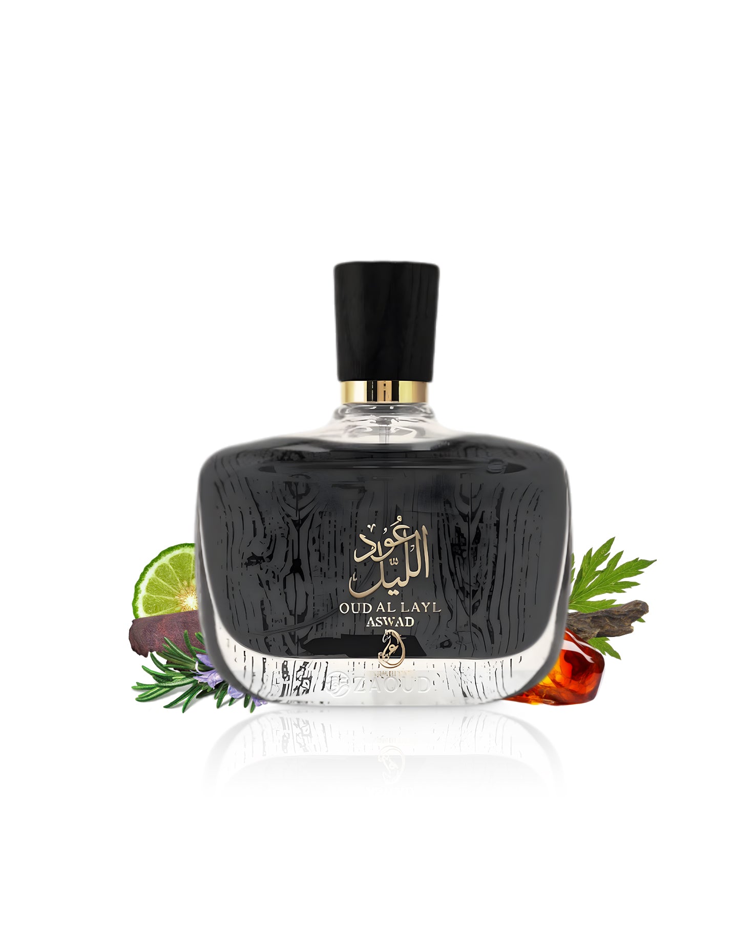arabiyat oud al layl aswad Perfume bottle with decorative elements like rosemery and amber on a white background