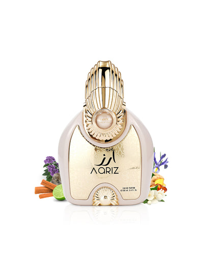 arabiyat aariz by my perfumes bottle surrounded with its ingredients like citrus and jasmine with many others like iris and musk shows from behind the bottle against white background