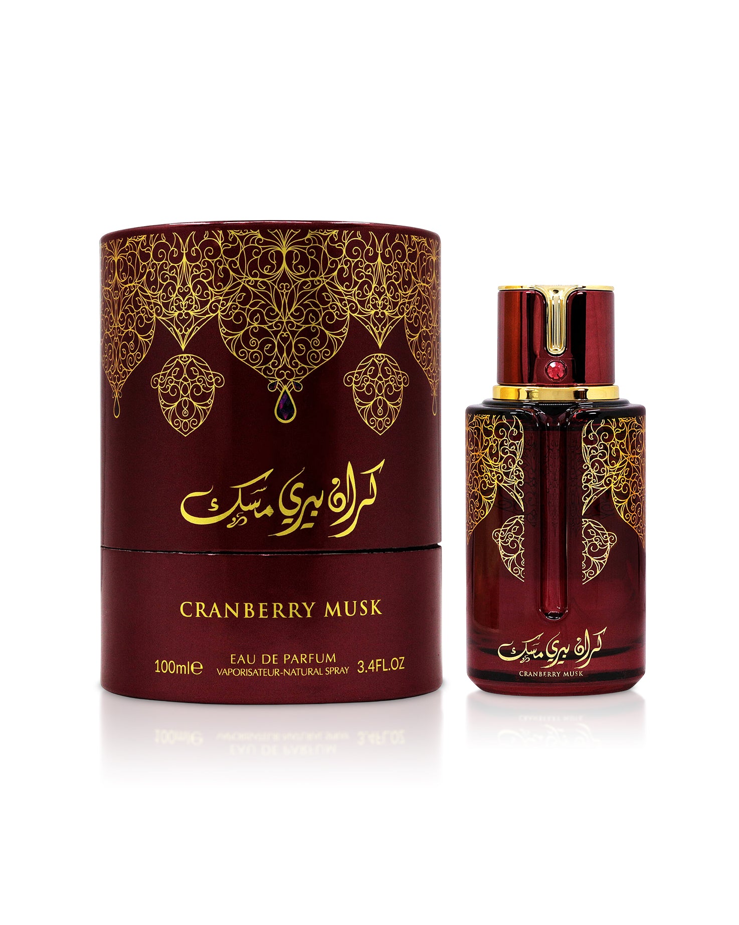 arabiyat cranberry musk perfume bottle shows beside its box against white background