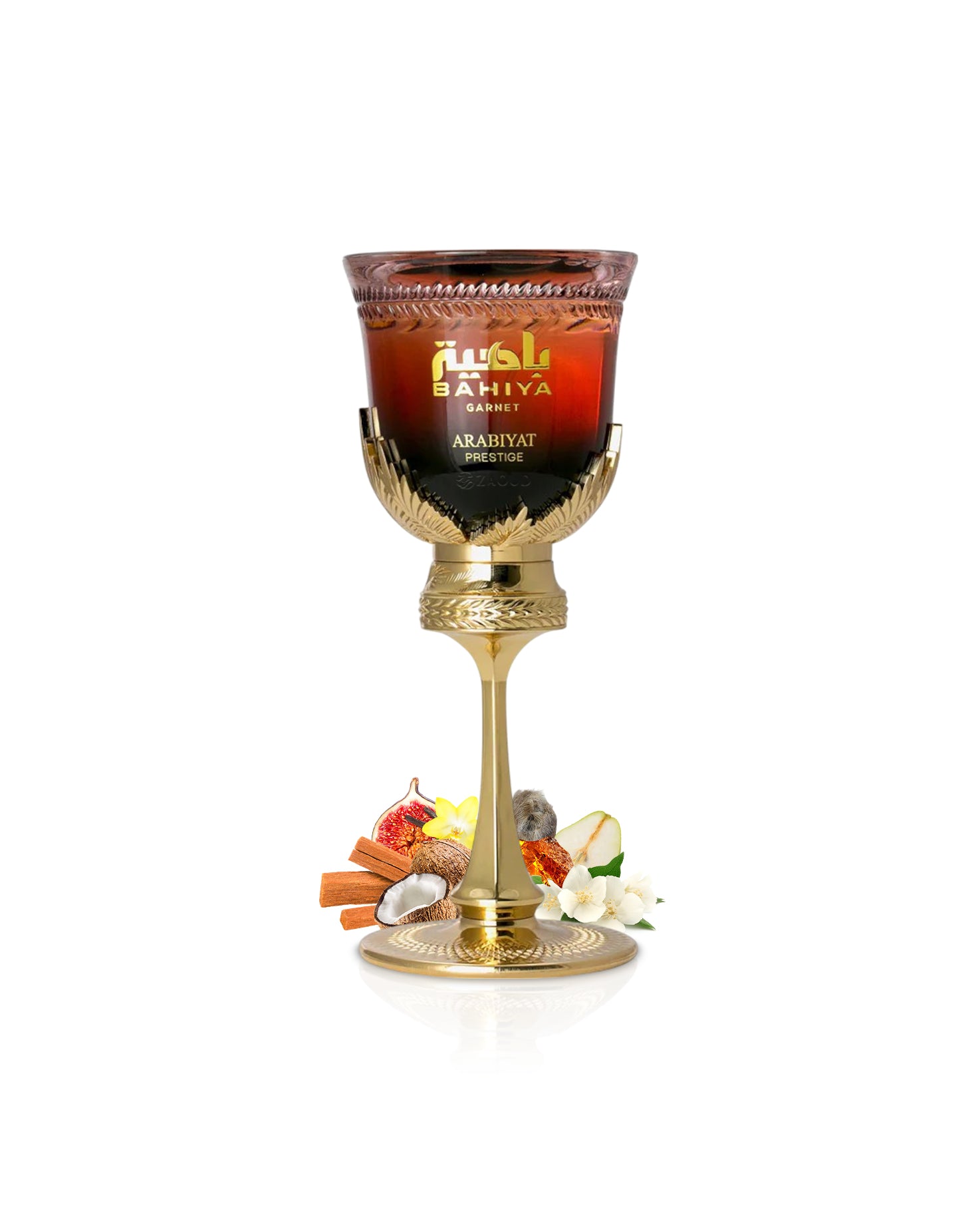arabiyat prestige Bahiya Garnet Decorative glass with gold base and 'Arabiyat' branding surrounded by fruits on a white background
