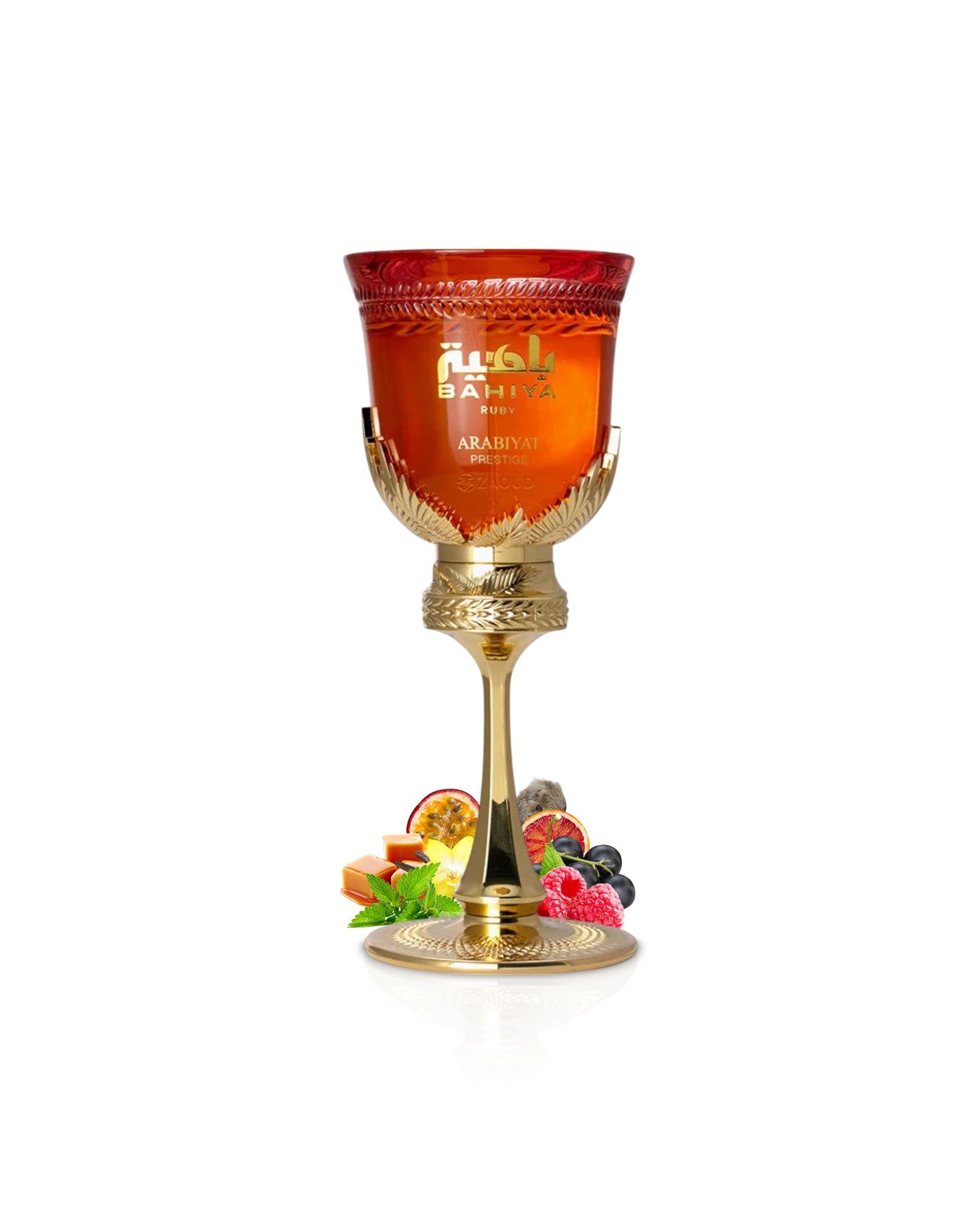 arabiyat prestige Bahiya ruby Decorative glass with gold stem and red top, featuring a fragrance notes like red fruits and caramel, on a white background.