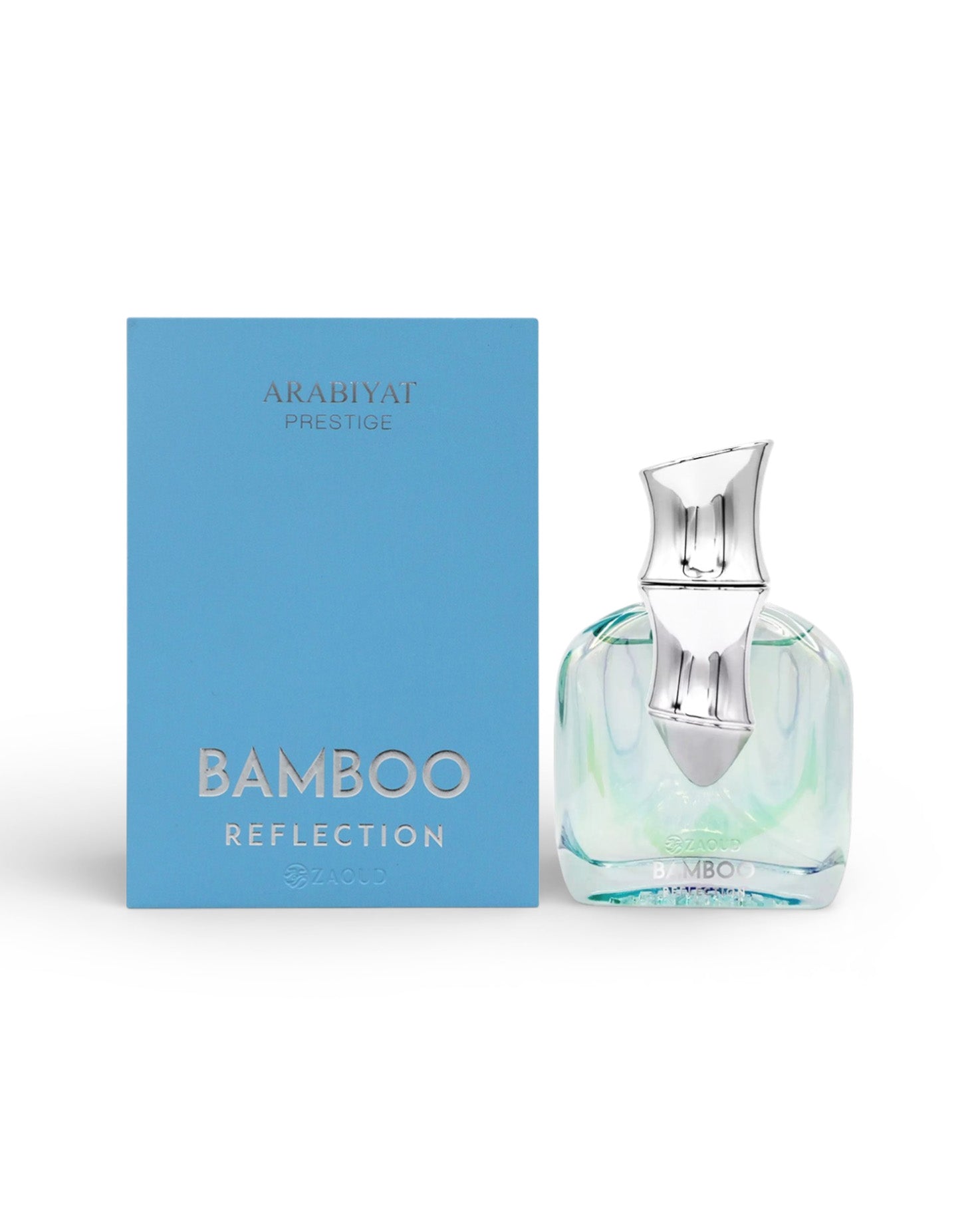 Perfume bottle and packaging with 'Arabiyat Prestige Bamboo Reflection' on a white background