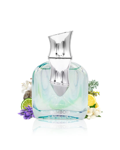 arabiyat prestige bamboo reflection perfume bottle surrounded by fragrance notes like lavender and citrus shows against white background