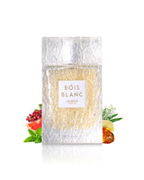 arabiyat prestige bois blanc perfume bottle surrounded by fragrance notes like mint and amber shows against white background