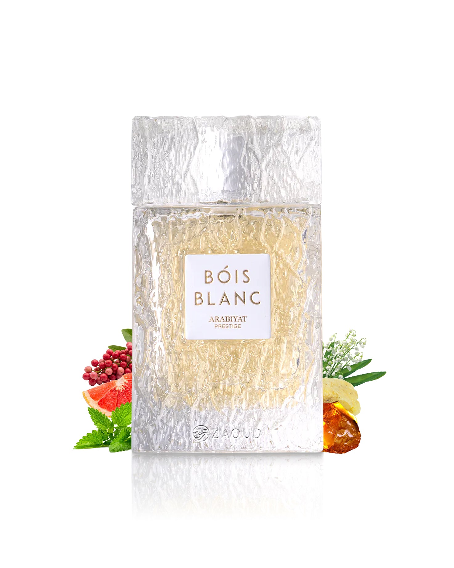 arabiyat prestige bois blanc perfume bottle surrounded by fragrance notes like mint and amber shows against white background