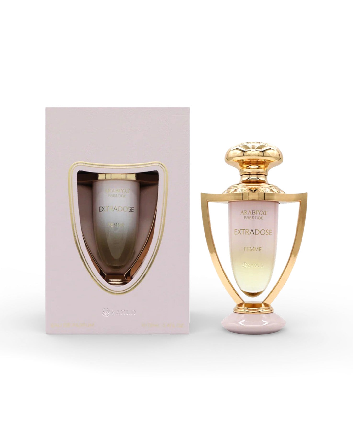 arabiyat prestige extradose femme perfume bottle shows beside-its packaging against white background
