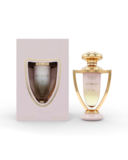 arabiyat prestige extradose femme perfume bottle shows beside-its packaging against white background