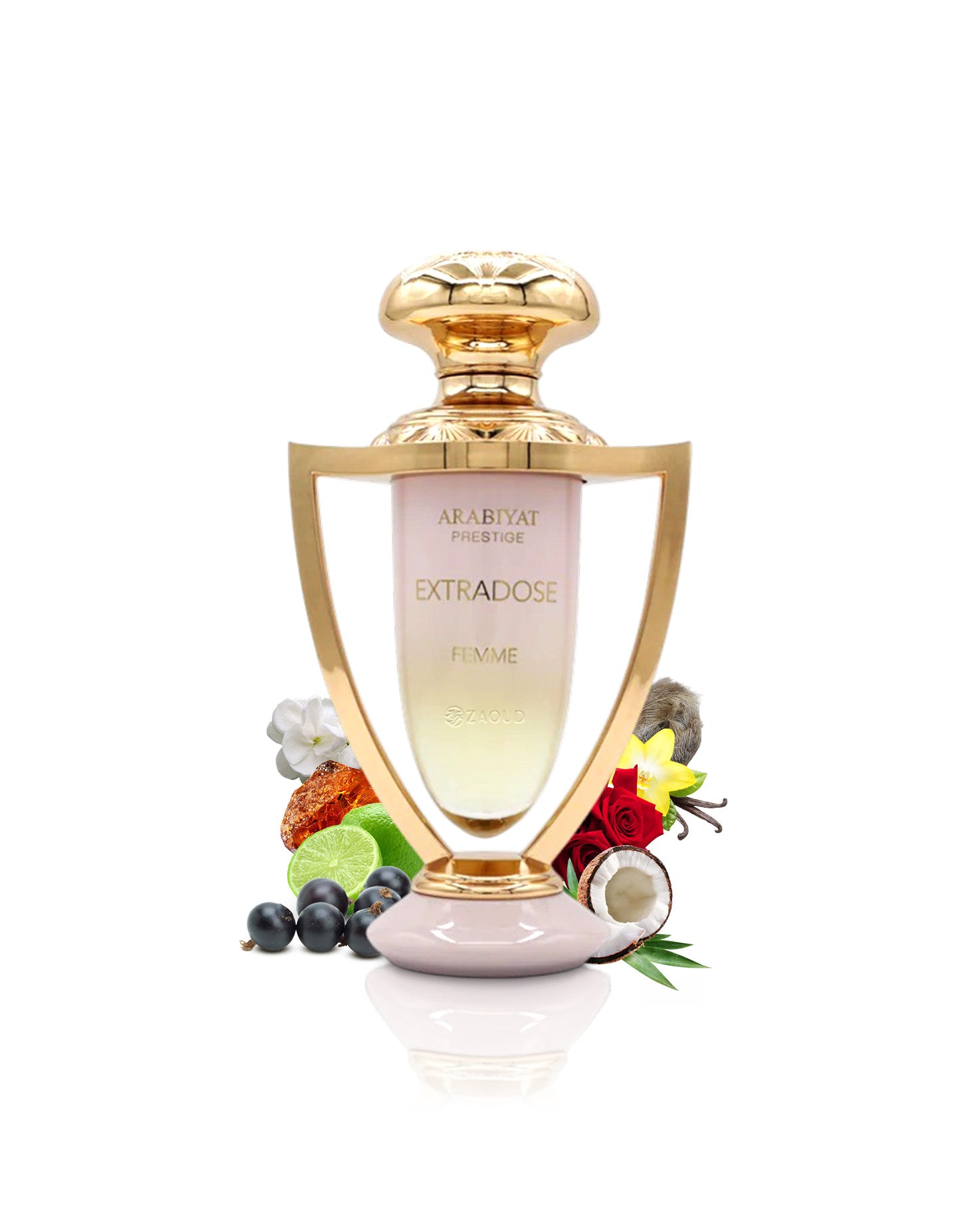 arabiyat prestige extradose femme perfume bottle surrounded by fragrance notes like coconut and citrus shows against white background