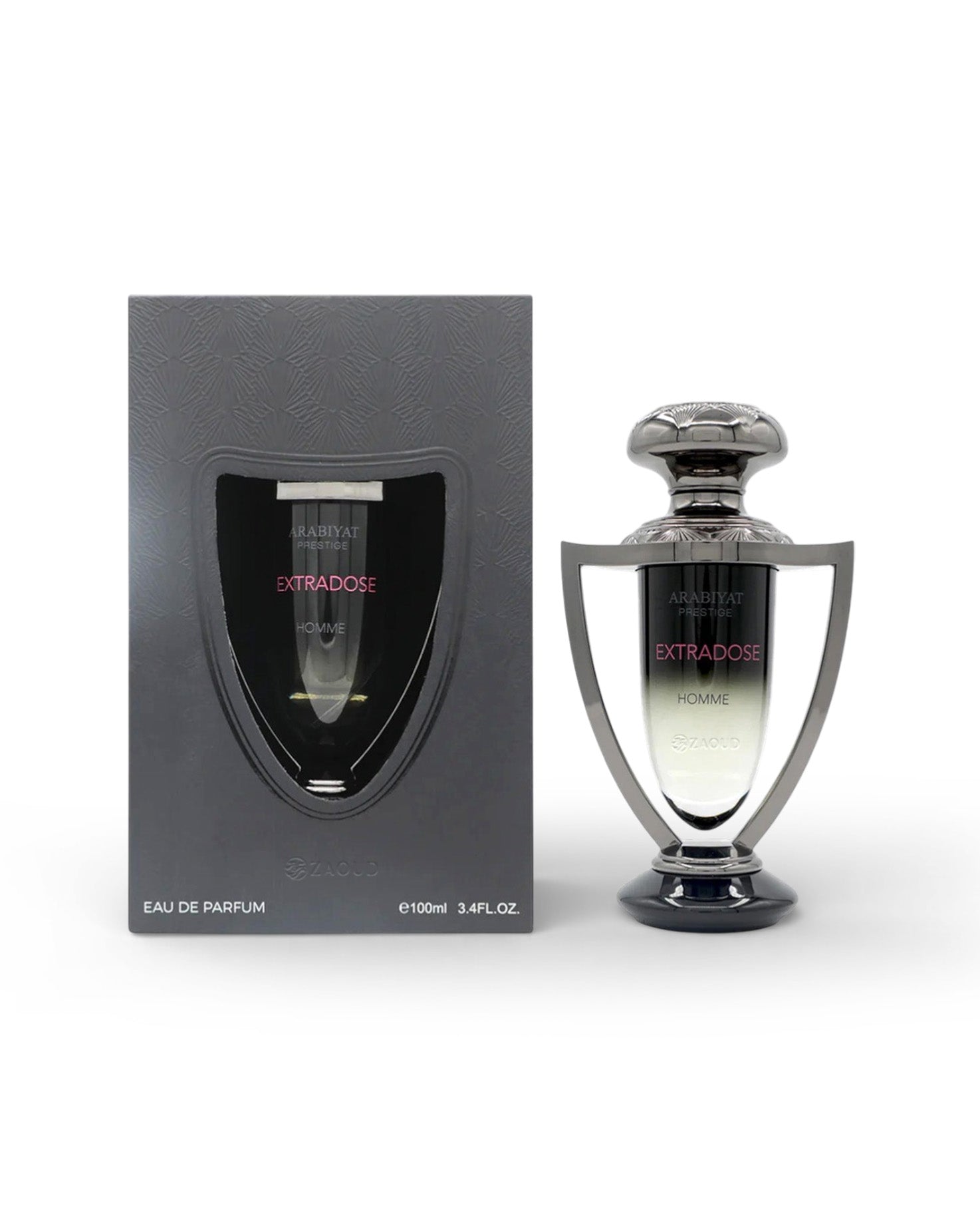 Perfume bottle and packaging with 'arabiyat prestige Extrados homme' branding on a white background