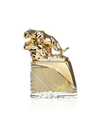 arabiyat prestige fahad regal Gold and clear perfume bottle with a tiger design on a white background
