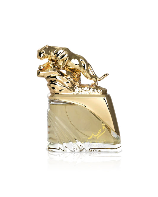arabiyat prestige fahad regal Gold and clear perfume bottle with a tiger design on a white background