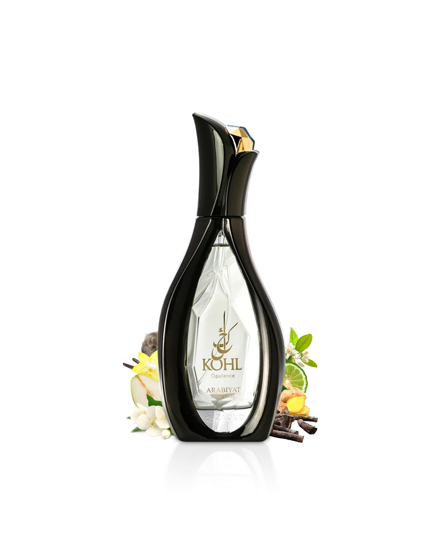 arabiyat prestige Kohl Opulence Black perfume bottle with decorative elements like ginger and jasmine on a white background