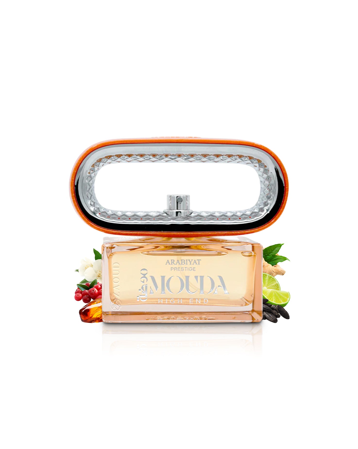 arabiyat prestige mouda high end perfume bottle surrounded by fragrance notes like lime and tonka shows against white background