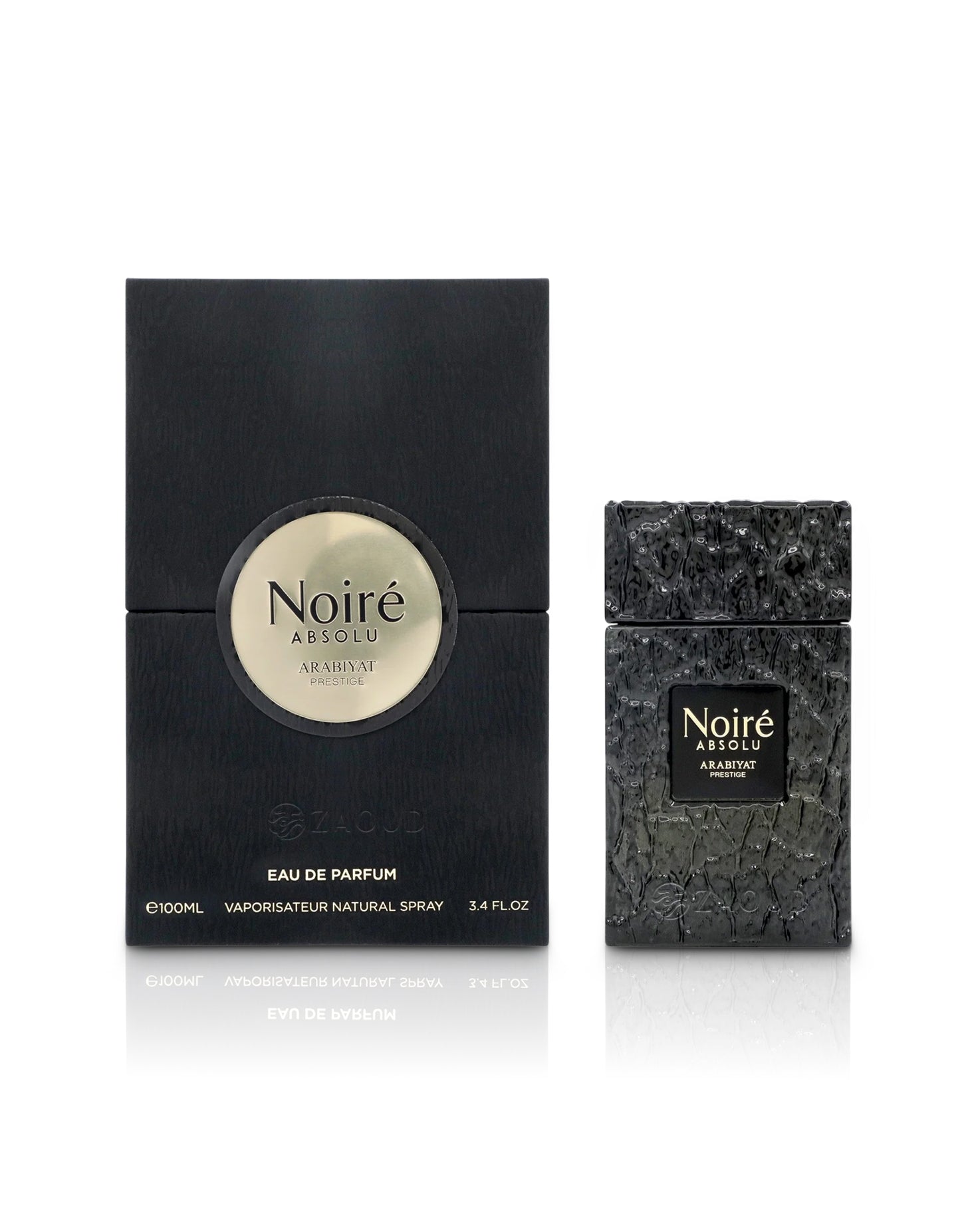 arabiyat prestige noire absolu perfume bottle shows beside its packaging against white background