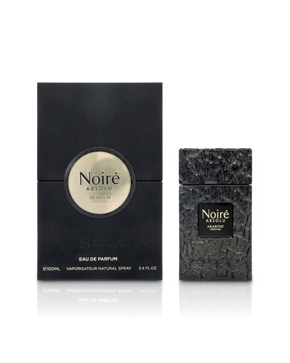 arabiyat prestige noire absolu perfume bottle shows beside its packaging against white background