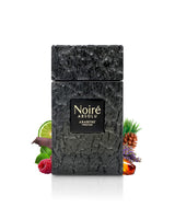arabiyat prestige noire absolu perfume bottle surrounded by fragrance notes like fruits and amber shows against white background