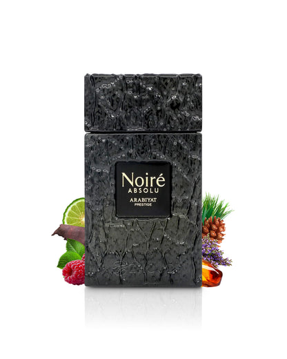 arabiyat prestige noire absolu perfume bottle surrounded by fragrance notes like fruits and amber shows against white background