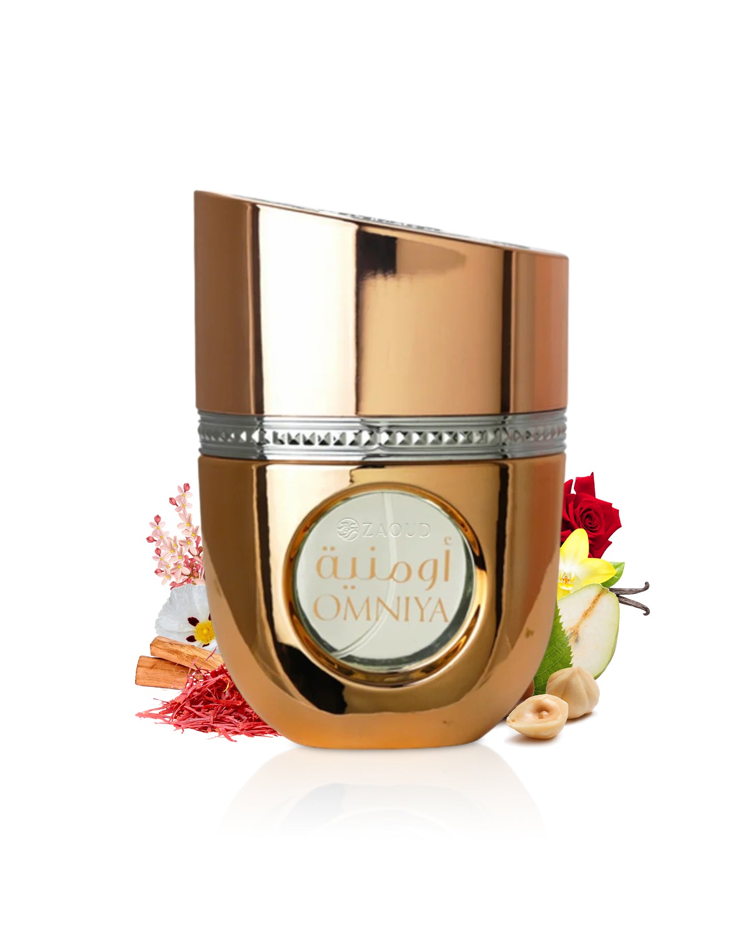 arabiyat prestige omniya Gold perfume bottle with decorative elements like nutty and saffron on a white background