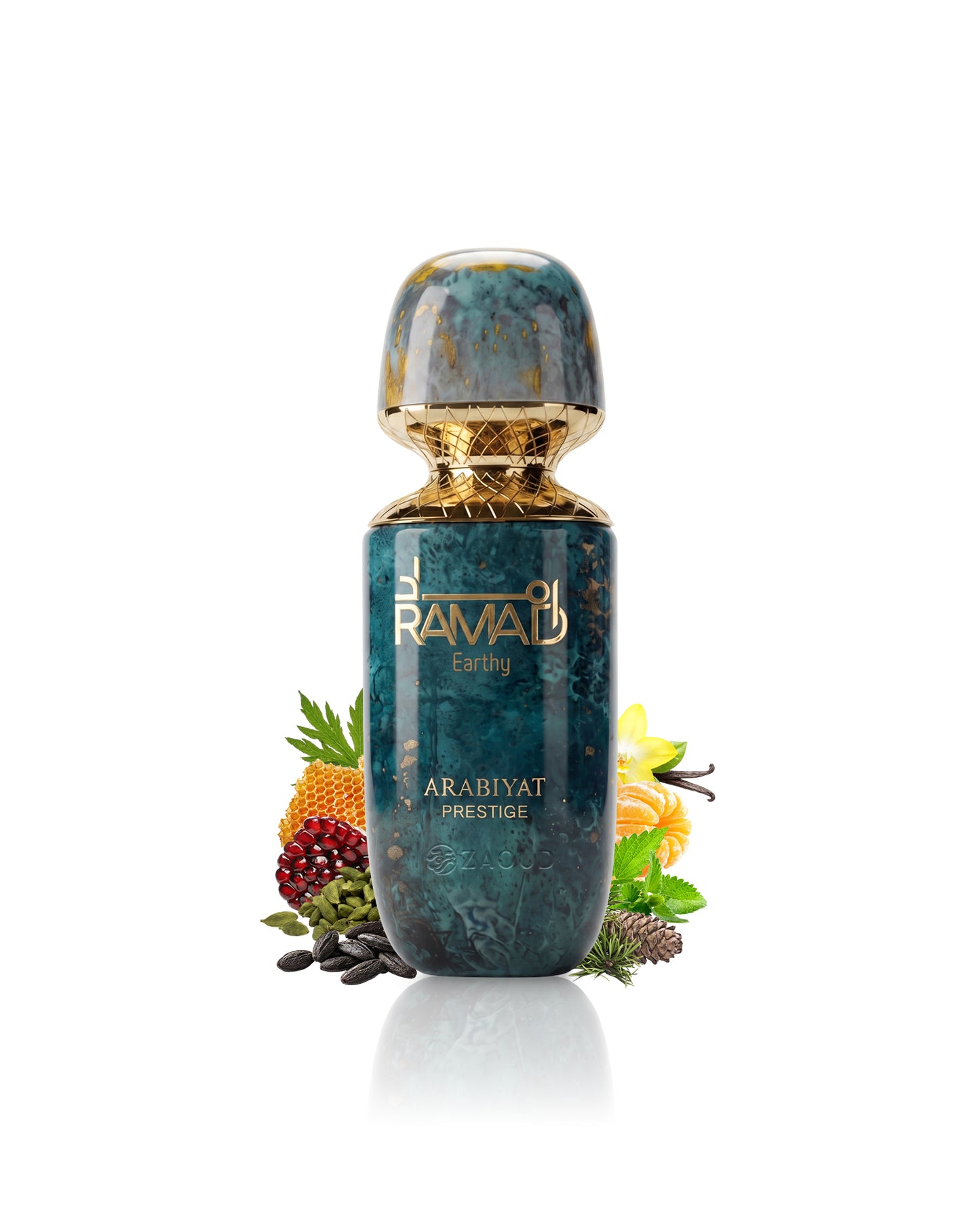 arabiyat prestige ramad earthy perfume bottle surrounded with fragrance notes like honey and spices shows against white background