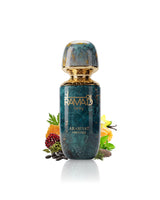 arabiyat prestige ramad earthy perfume bottle surrounded with fragrance notes like honey and spices shows against white background
