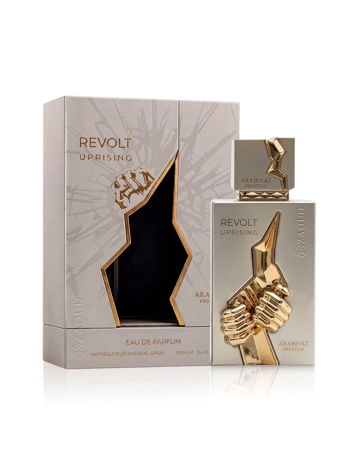 arabiyat prestige revolt uprising perfume bottle shows beside its packaging against white background