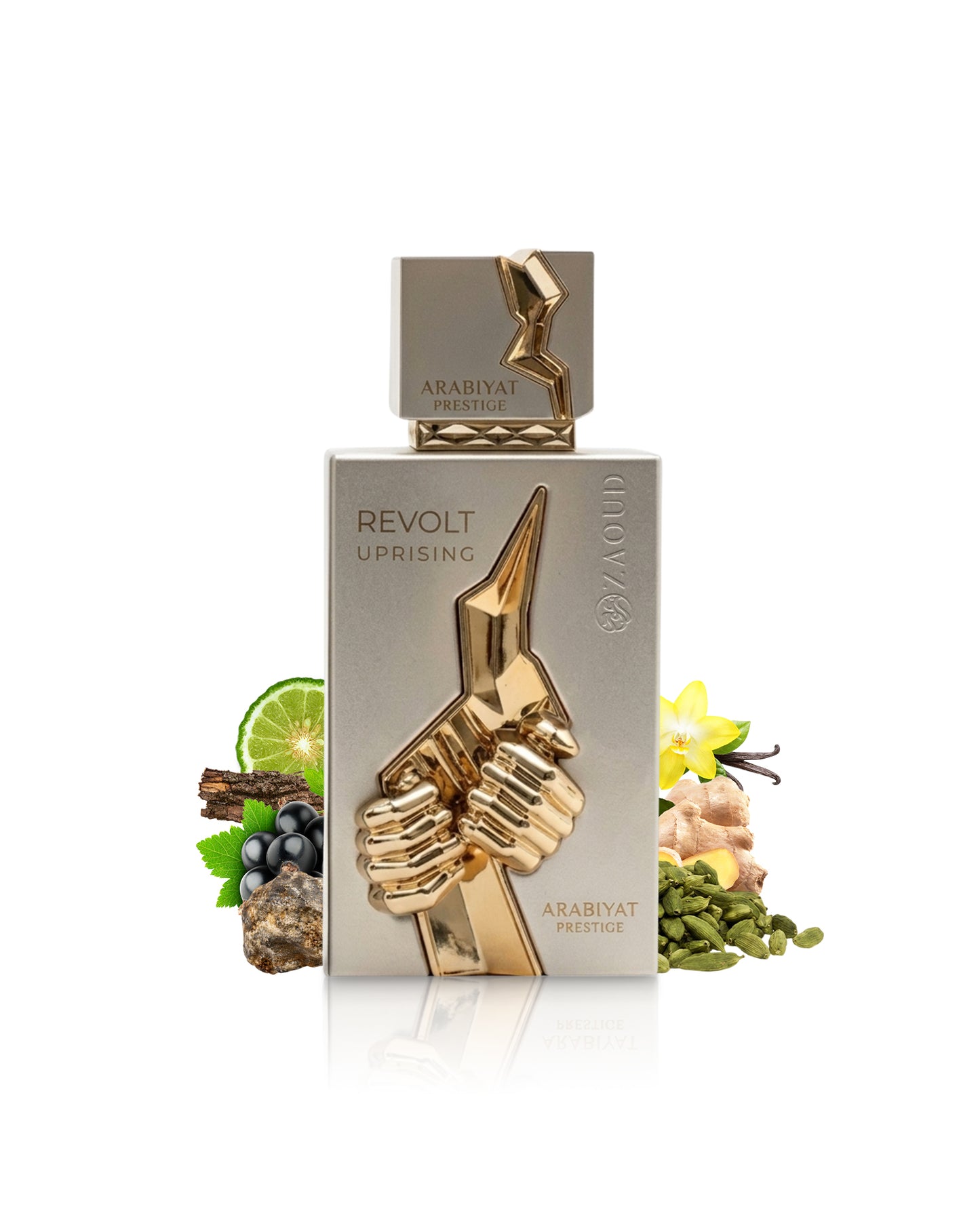 arabiyat prestige revolt uprising perfume bottle surrounded by fragrance notes like cardamom and vanilla shows against white background