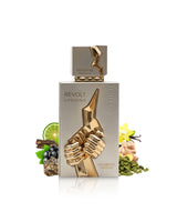 arabiyat prestige revolt uprising perfume bottle surrounded by fragrance notes like cardamom and vanilla shows against white background