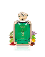 arabiyat prestige swar serpentine perfume bottle surrounded with fragrance notes like dates and saffron shows against white background