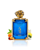 arabiyat prestige swar damour perfume bottle surrounded with fragrance notes like salt and amber shows against white background