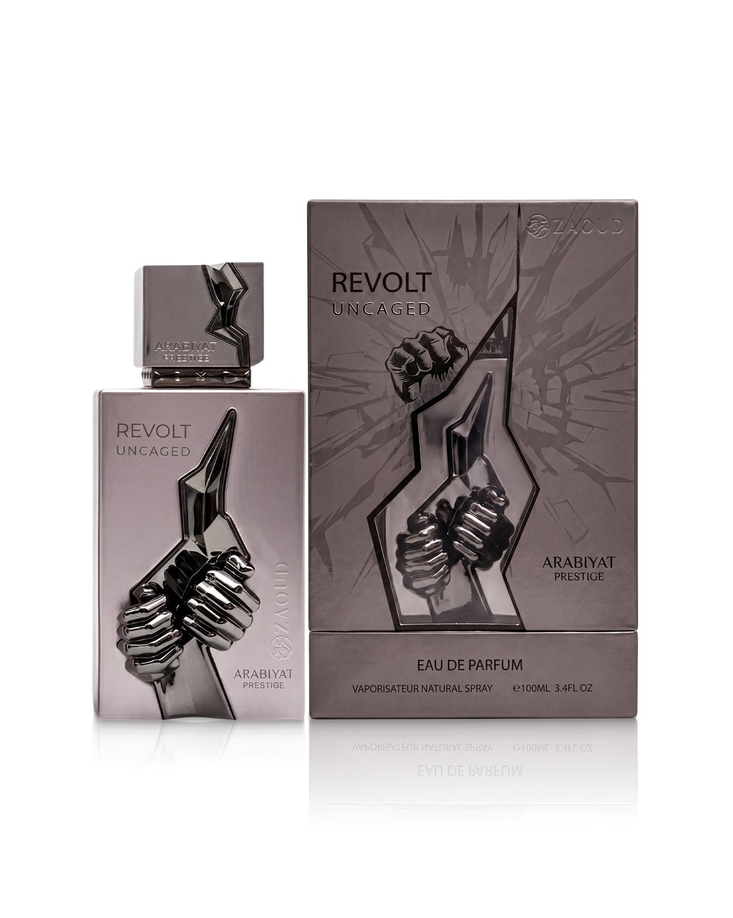arabiyat prestige revolt uncaged perfume bottle shows beside its packaging against white background