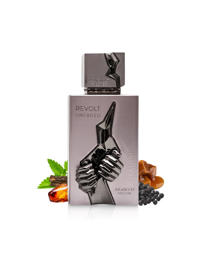 arabiyat prestige revolt uncaged perfume bottle surrounded by fragrance notes like amber and pepper  shows against white background