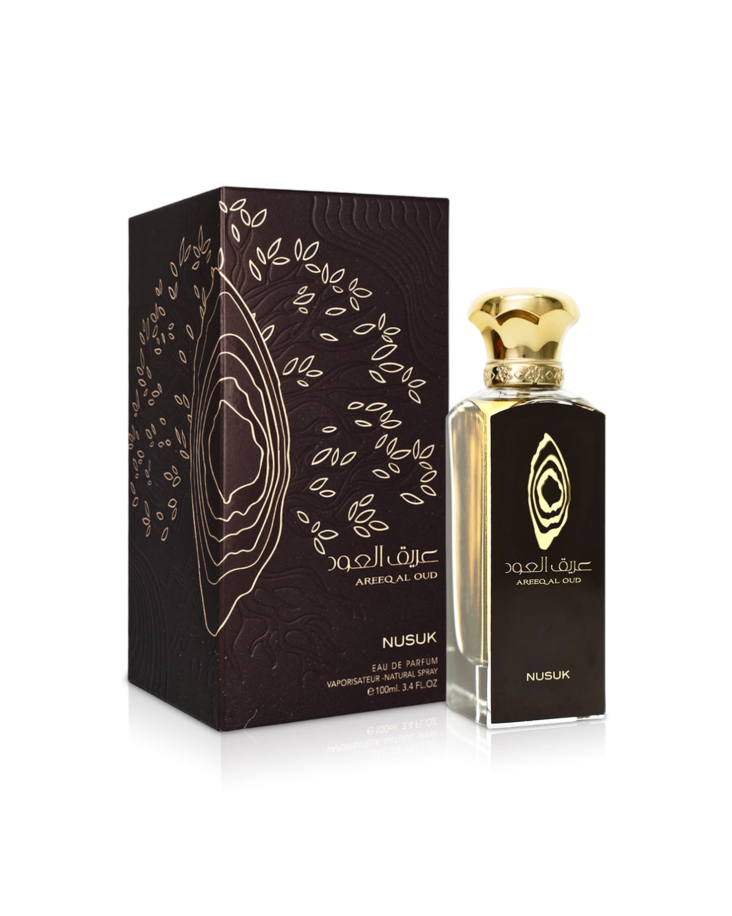 areeq al oud by nusuk perfumes bottle shows beside its box against white background 