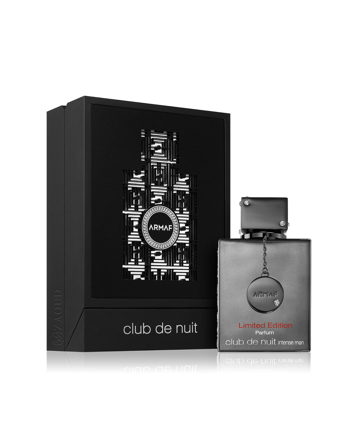 Armaf Club de Nuit Limited Edition parfum bottle next to its black presentation box, featuring a silver and black design with white and red text.