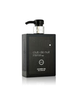 A black rectangular shower gel bottle with a black pump dispenser and silver collar, labeled 'Armaf club de nuit intense MAN' on a clean white background.