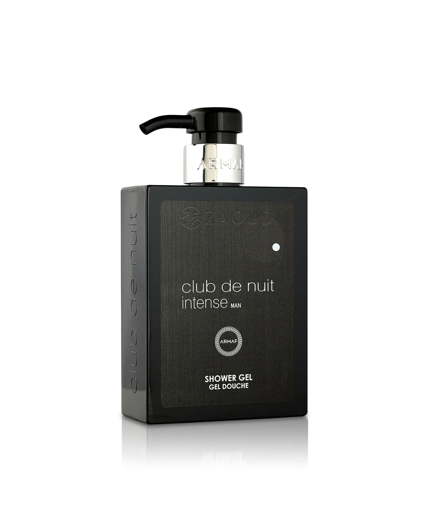 A black rectangular shower gel bottle with a black pump dispenser and silver collar, labeled 'Armaf club de nuit intense MAN' on a clean white background.