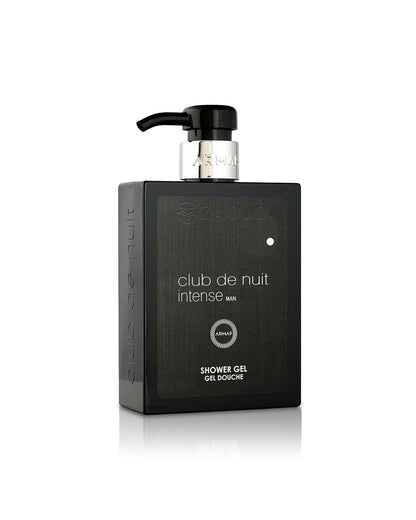 A black rectangular shower gel bottle with a black pump dispenser and silver collar, labeled 'Armaf club de nuit intense MAN' on a clean white background.
