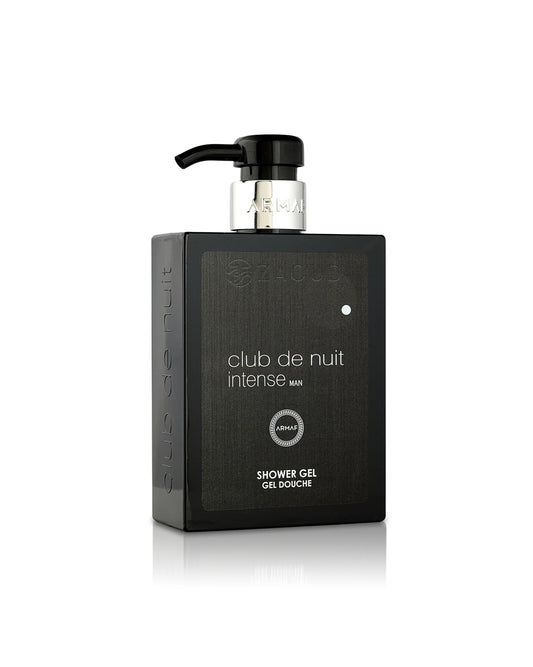 A black rectangular shower gel bottle with a black pump dispenser and silver collar, labeled 'Armaf club de nuit intense MAN' on a clean white background.