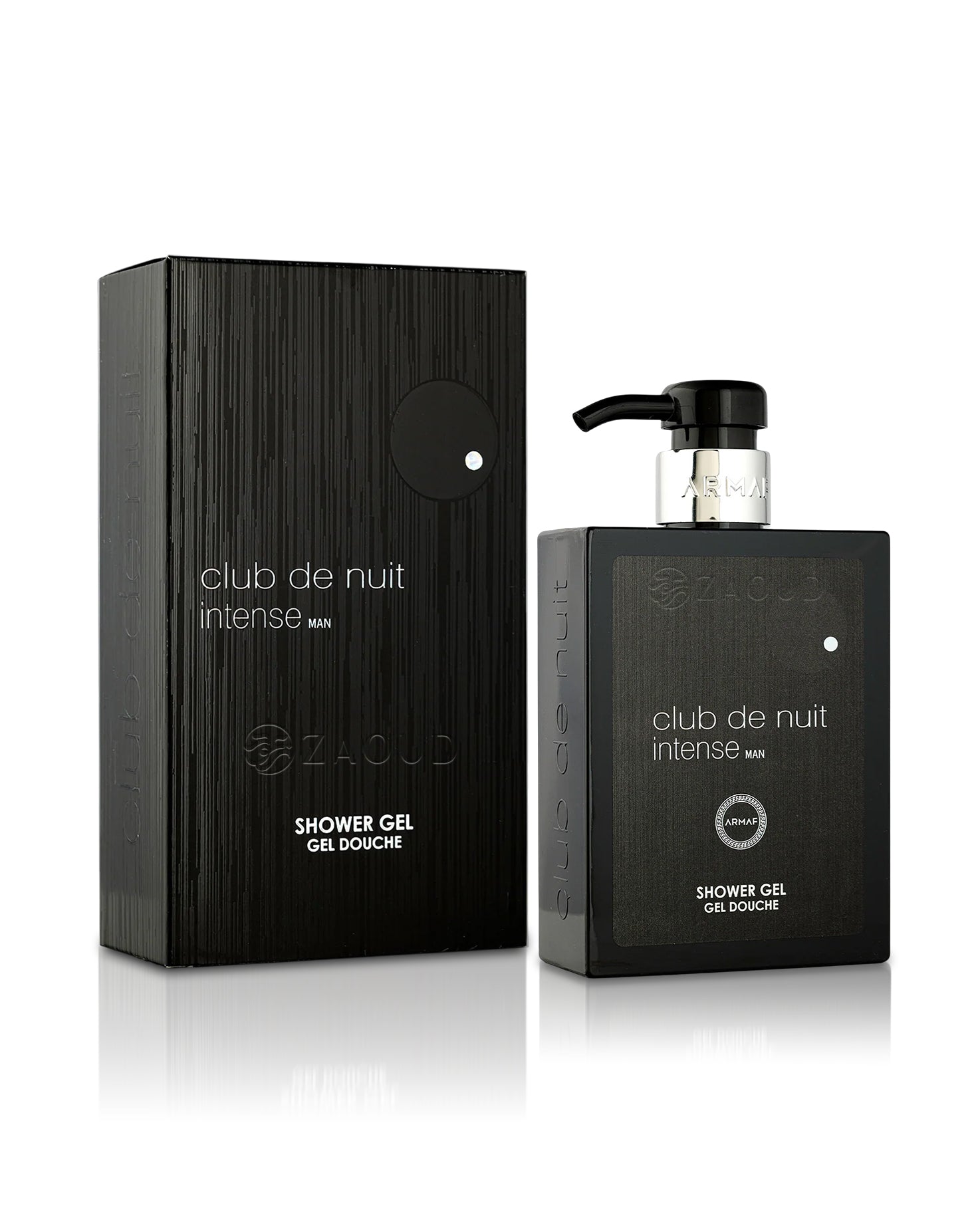 Armaf Club de Nuit Intense Men Shower Gel bottle and its matching black textured packaging box, displayed on a clean white background with a subtle reflection.