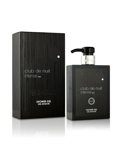 Armaf Club de Nuit Intense Men Shower Gel bottle and its matching black textured packaging box, displayed on a clean white background with a subtle reflection.