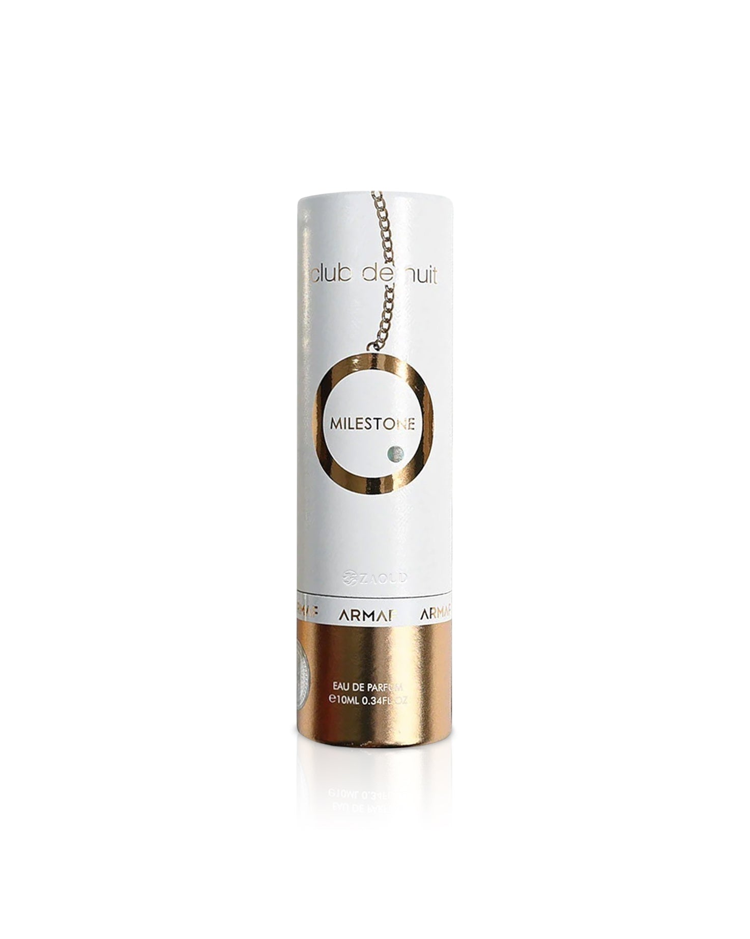 armaf club de nuit milestone 10ML perfume bottle with gold cap on a white background