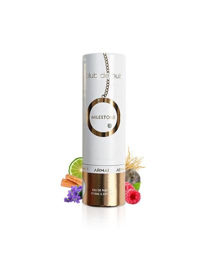 armaf club de nuit milestone 10ML with decorative elements like raspberry and violet on a white background