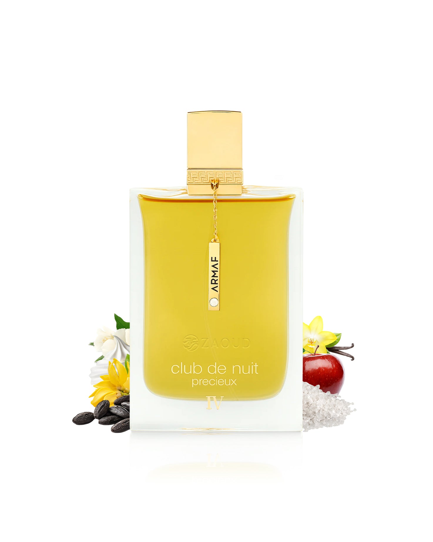 club de nuit armaf precieux iv perfume bottle surrounded y fragrance notes like salt and tonka shows against white background