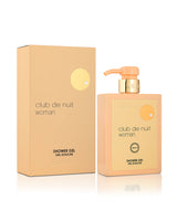 armaf club de nuit woman shower gel bottle shows beside its packaging against white background